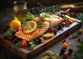 Grilled salmon with lemon, olives and fresh rosemary is a healthy and tasty dish. Royalty Free Stock Photo