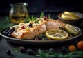 Grilled salmon with lemon, olives and fresh rosemary is a healthy and tasty dish. Royalty Free Stock Photo