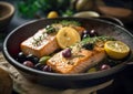 Grilled salmon with lemon, olives and fresh rosemary is a healthy and tasty dish. Royalty Free Stock Photo