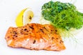 Grilled salmon with mashed potatoes and stewed spinach Royalty Free Stock Photo