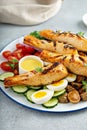 Grilled salmon nicoise salad with fresh vegetables and eggs Royalty Free Stock Photo