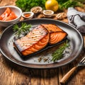 Grilled salmon with olives and lemon on white plate. Royalty Free Stock Photo
