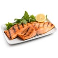 Grilled Salmon on plain white background - product photography