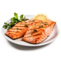 Grilled Salmon on plain white background - product photography