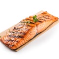 Grilled Salmon on plain white background - product photography