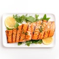 Grilled Salmon on plain white background - product photography