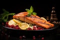 Grilled salmon with pomegranate and lemon on black background, Grilled salmon with couscous and cranberry on black background, AI