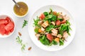 Grilled salmon salad with grapefruit, almonds and salad mix. Top view Royalty Free Stock Photo