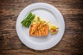 Grilled Salmon. Salmon fillet with lemon and green beans. Grilled fish Royalty Free Stock Photo