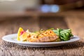 Grilled Salmon. Salmon fillet with lemon and green beans. Grilled fish Royalty Free Stock Photo