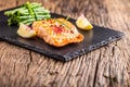 Grilled Salmon. Salmon fillet with lemon and green beans. Grilled fish Royalty Free Stock Photo