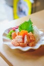 Grilled Salmon sashimi toped shrimp eggs Royalty Free Stock Photo