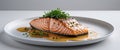 Grilled Salmon with Sauce and Garnish on White Plate Royalty Free Stock Photo
