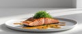 Grilled Salmon with Sauce and Garnish on White Plate. Royalty Free Stock Photo
