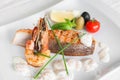 Grilled salmon, shrimp with sauce on white plate Royalty Free Stock Photo