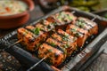 Grilled Salmon Skewers with Sprinkled Sesame Seeds and Herbs on Rustic Wooden Table, Gourmet Seafood Concept