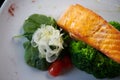 Grilled salmon slice on a bed of fresh spinach leaves and blanched broccoli Royalty Free Stock Photo