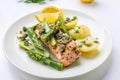 Grilled Salmon Steak with Asparagus Royalty Free Stock Photo