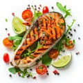 Grilled Salmon Steak, Barbecue Red Fish or Trout Fillet with Warm Vegetable Salad, Greens Royalty Free Stock Photo