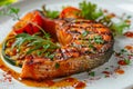 Grilled Salmon Steak, Barbecue Red Trout Fish fillet with BBQ Vegetables, Fresh Greens and Spices Royalty Free Stock Photo