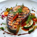 Grilled Salmon Steak, Barbecue Red Trout Fish fillet with BBQ Vegetables, Fresh Greens and Spices Royalty Free Stock Photo