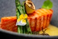 Grilled salmon steak with cheese sauce and asparagus Royalty Free Stock Photo