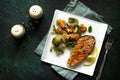 Grilled salmon steak, couscous and vegetables on stone or concrete table. Healthy proper nutrition. Royalty Free Stock Photo