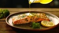 A Mediterranean grilled salmon steak with a few herbs. A slice of grilled salmon seasoned with rosemary. Restaurant photograph