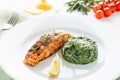 Grilled Salmon Steak Fillet Mash Potato Spinach Royalty Free Stock Photo