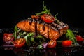 Grilled salmon steak with fresh arugula, ripe tomatoes, and flavorful sauce. Delicious seafood dish