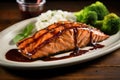 a grilled salmon steak glazed with tangy barbecue sauce