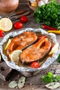 Grilled salmon steak. Healthy diet food, keto diet, Mediterranean cuisine. Oven-baked hot dinner
