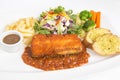 Grilled salmon steak with  minced pork red sauce serve with fresh salad Royalty Free Stock Photo