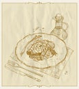 Grilled salmon steak on a plate hand drawn illustration. Royalty Free Stock Photo