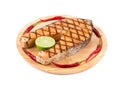 Grilled salmon steak on platter. Royalty Free Stock Photo