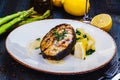 Grilled salmon steak with potato and spinach on white plate Royalty Free Stock Photo