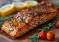 Grilled salmon steak with red pepper and cherry tomatoes with lemon slice on wooden board.Macro.AI Generative Royalty Free Stock Photo