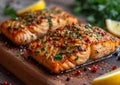 Grilled salmon steak with red pepper and lemon slice on wooden board.Macro.AI Generative Royalty Free Stock Photo