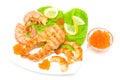 Grilled salmon steak, shrimp and red caviar isolated on white ba