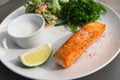 Grilled salmon steak on the side with arugula and salad. Royalty Free Stock Photo