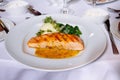 Grilled Salmon Steak with Spinach,Mash potato, souse Royalty Free Stock Photo