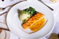 Grilled Salmon Steak with Spinach,Mash potato, souse Royalty Free Stock Photo