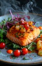 Grilled salmon steak with vegetables on plate Royalty Free Stock Photo