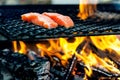 Grilled salmon steaks on a grill. Fire flame grill. Restaurant and garden kitchen. Garden party. Healthy dish. Royalty Free Stock Photo