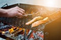 Grilled salmon steaks on a grill. Fire flame grill. Restaurant and garden kitchen. Garden party. Healthy dish. Royalty Free Stock Photo