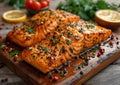 Grilled salmon steaks with red pepper and cherry tomatoes with lemon slice on wooden board.Macro.AI Generative Royalty Free Stock Photo