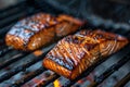 Grilled salmon steaks sizzle barbecue, white wine. Summer cookout Royalty Free Stock Photo