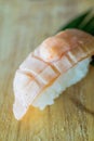 Grilled salmon sushi , japanese food style on wood Royalty Free Stock Photo