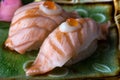 Grilled salmon sushi setting to serve. Royalty Free Stock Photo