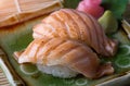 Grilled cutting salmon sushi setting to serve Royalty Free Stock Photo